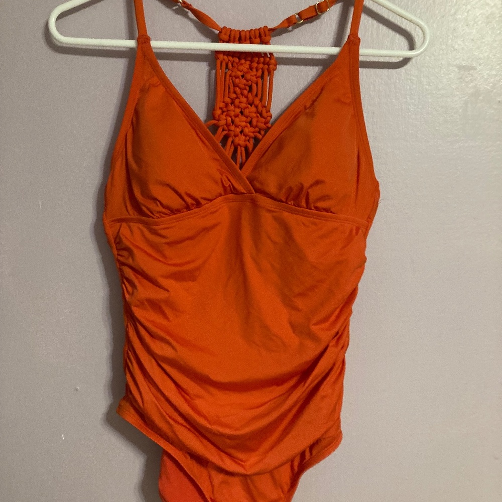 Hilor women’s Red Shirred one piece with Macrame back, tummy control